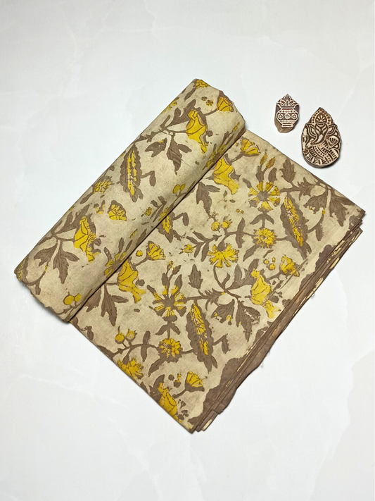 Ajrak Kashish Kalamkari Yellow & Brown Floral Jaal Print