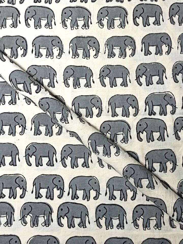 Bagru Hand Block Elephant Print Grey Color Motif Hand Block Print