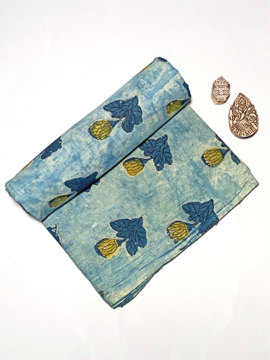 Ajrak Single Indigo Butta With Yellow Leaves Print