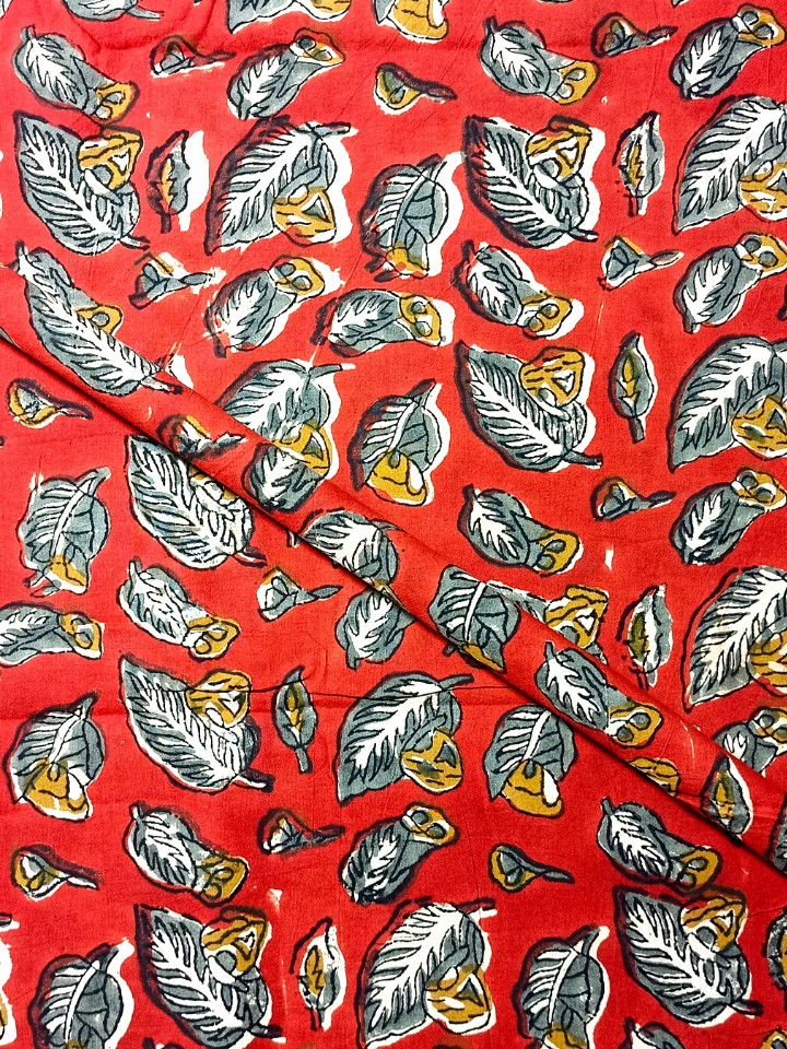 Bagru Print Leave Motif Base Red With Grey Leave Colour Block Print Fabric