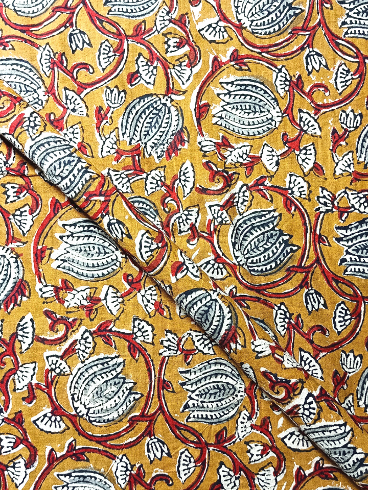 Bagru 2 Kaam Sunflower Base Off Cream Flower Red And Leave Off Yellow Colour Hand Block Print Fabric