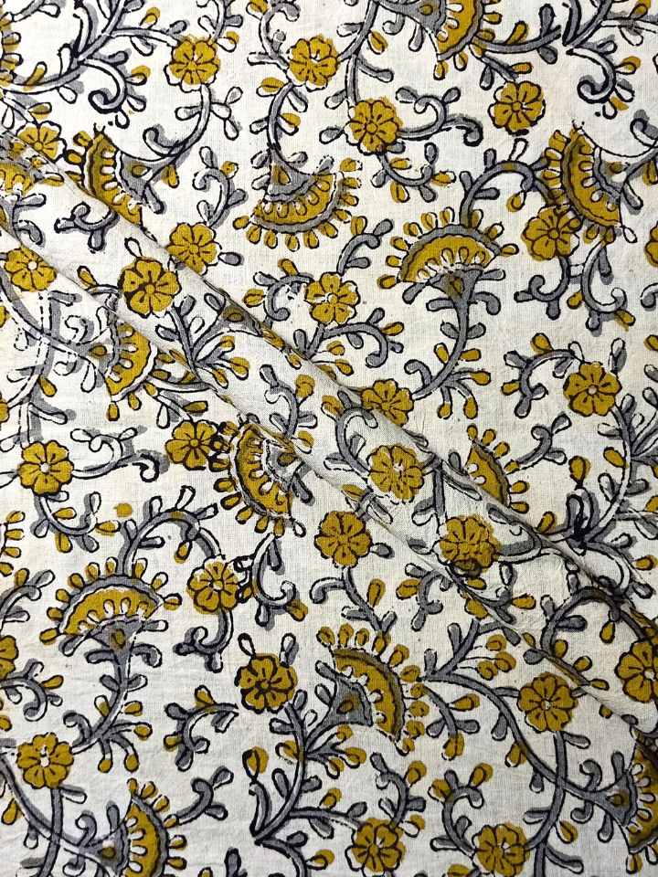 Kalamkari Jaal Base Black And Flower Red With Leave Off White Colour Hand Block Print Fabric