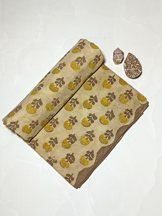 Ajrak Kashish Yellow Flower Small Butti With Brown Leaves Print