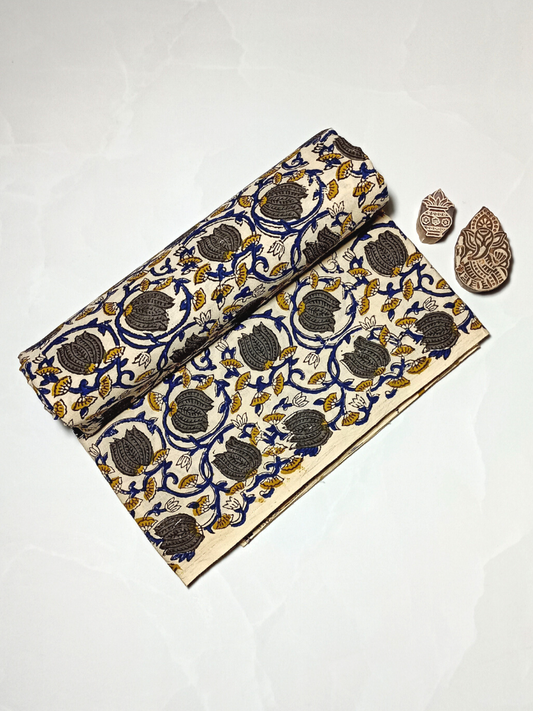 Bagru Kalamkari Grey Lotus Jaal Flower With Blue Root Print