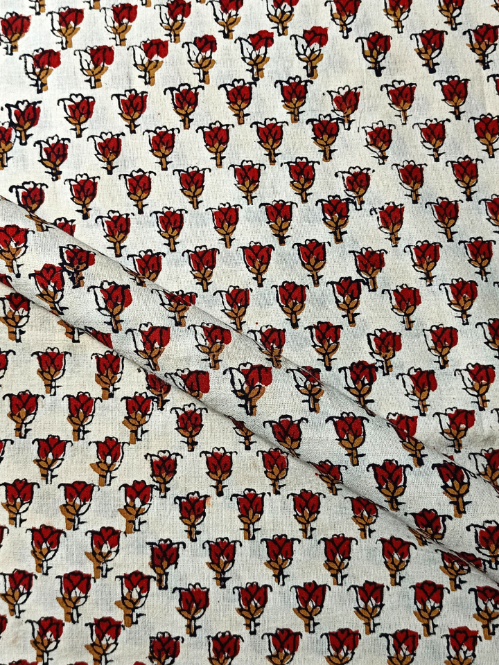 Kalamkari Flower Jaal Base Cream Flower Off Grey With Leave Yellow Colour Hand Block Bagru Print Fabric