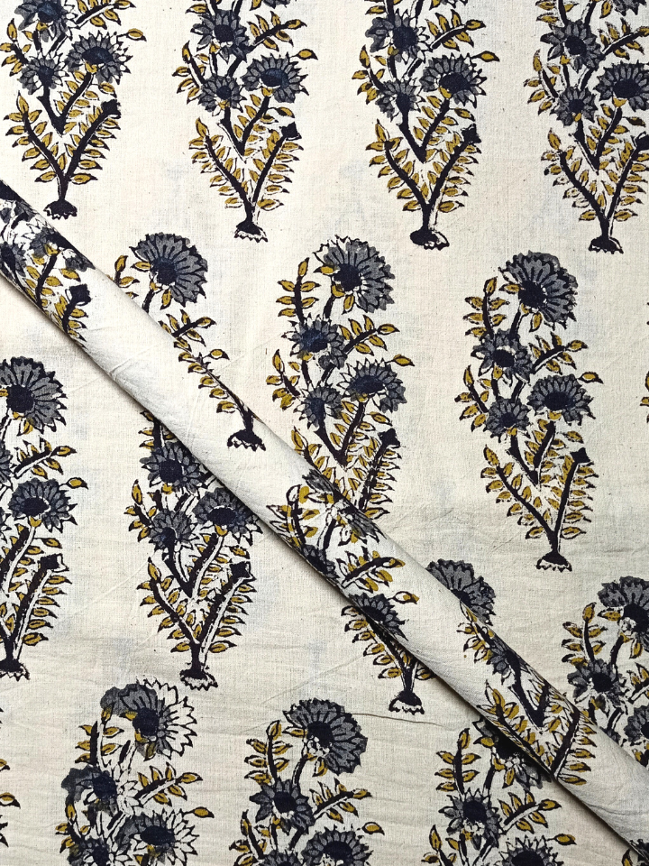 Bagru Kalamkari Floral Jaal Base Red Flower Blue And Leave Yellow Colour Hand Block Print Fabric