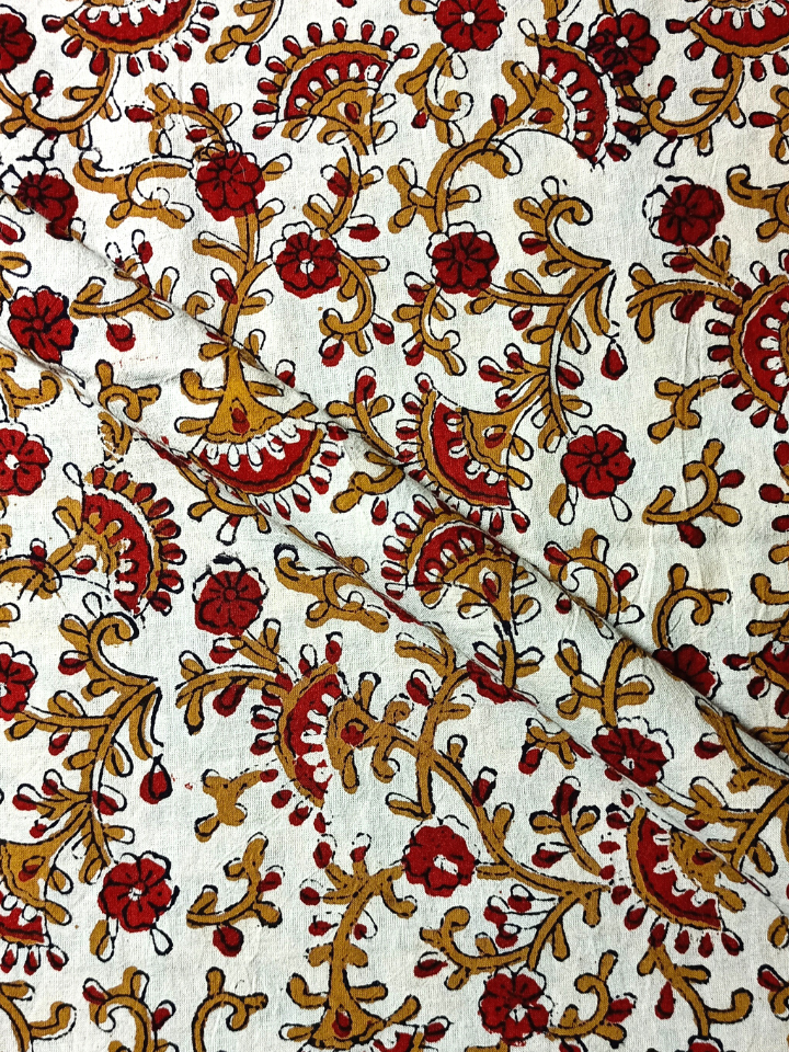 Bagru Floral Jaal 3 Kaam Base Red And Flower Yellow With Dark Grey Leave Colour Hand Block Print Fabric