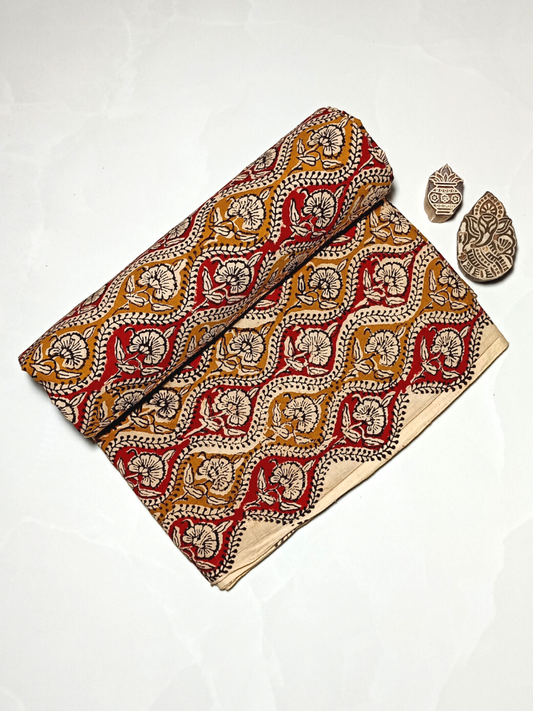 Bagru Kalamkari Red And Yellow Floral Butti Jaal Print