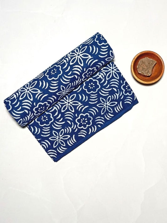 Kalamkari Flower Sitara Jaal Indigo Hand Block Dabu Print Fabric