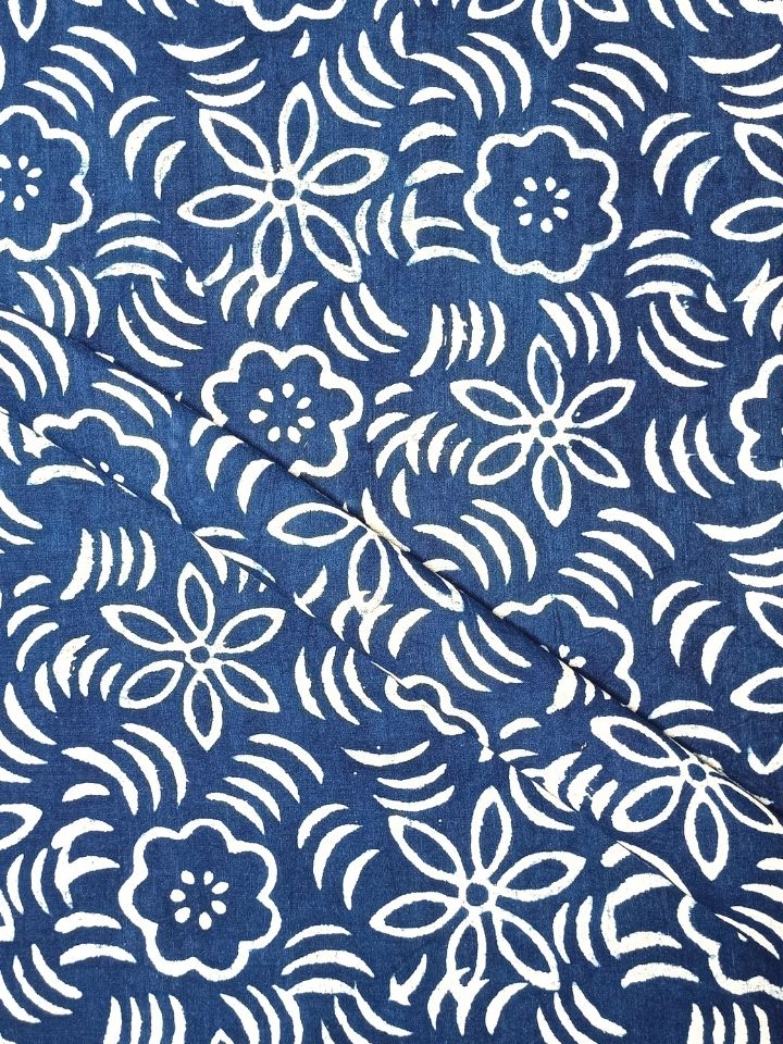 Kalamkari Flower Sitara Jaal Indigo Hand Block Dabu Print Fabric