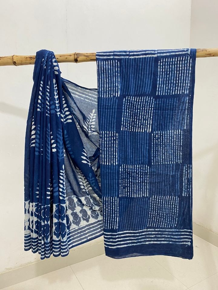 1 Kaam Keri Jaal Crismte Motif Mud Dabu Indigo Base With Single Silli Border Off White Hand Block Print