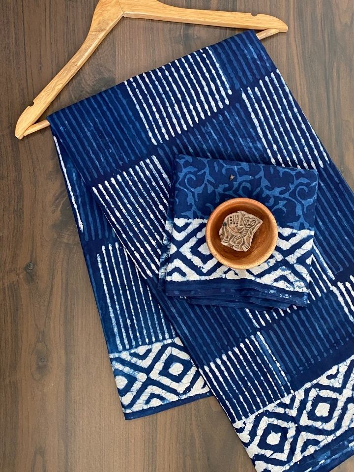 Single Stripes 2 Kaam Mud Dabu Indigo Base With Off Dabu Body With Double Chokdi Border Off White Hand Block Print