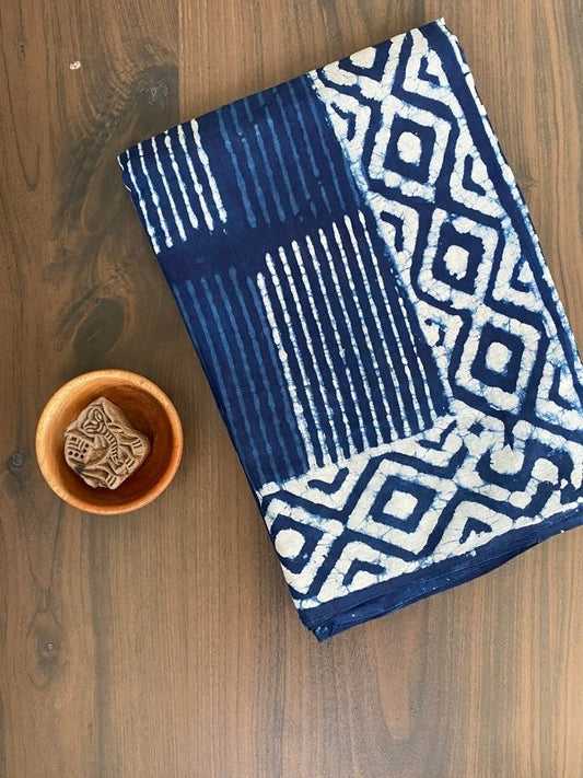 Single Stripes 2 Kaam Mud Dabu Indigo Base With Off Dabu Body With Double Chokdi Border Off White Hand Block Print