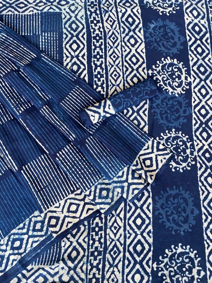 Single Stripes 2 Kaam Mud Dabu Indigo Base With Off Dabu Body With Double Chokdi Border Off White Hand Block Print