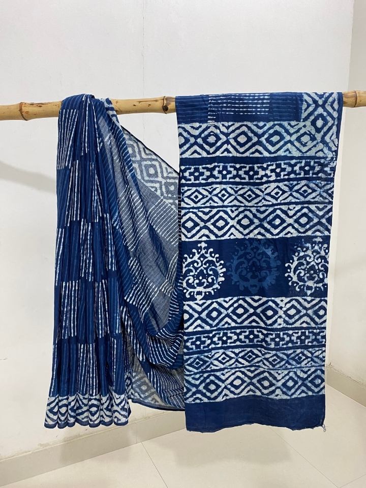 Single Stripes 2 Kaam Mud Dabu Indigo Base With Off Dabu Body With Double Chokdi Border Off White Hand Block Print