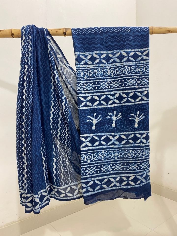 2 Kaam Lehriya Jaal Indigo Base With Off Mud Dabu Lehriya With Off White Chartune Boder Hand Block Print