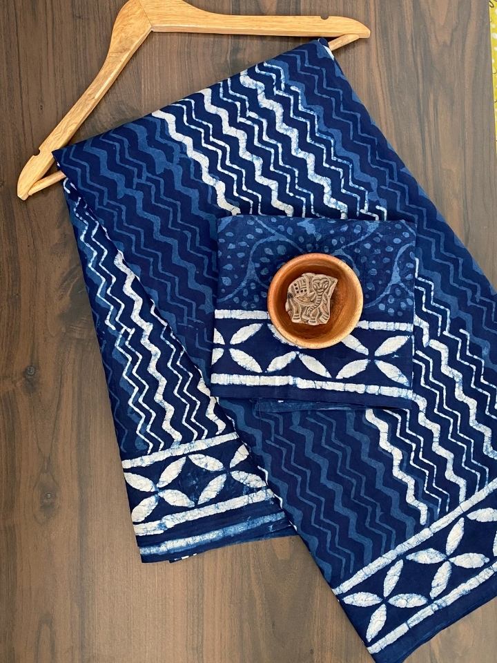 2 Kaam Lehriya Jaal Indigo Base With Off Mud Dabu Lehriya With Off White Chartune Boder Hand Block Print