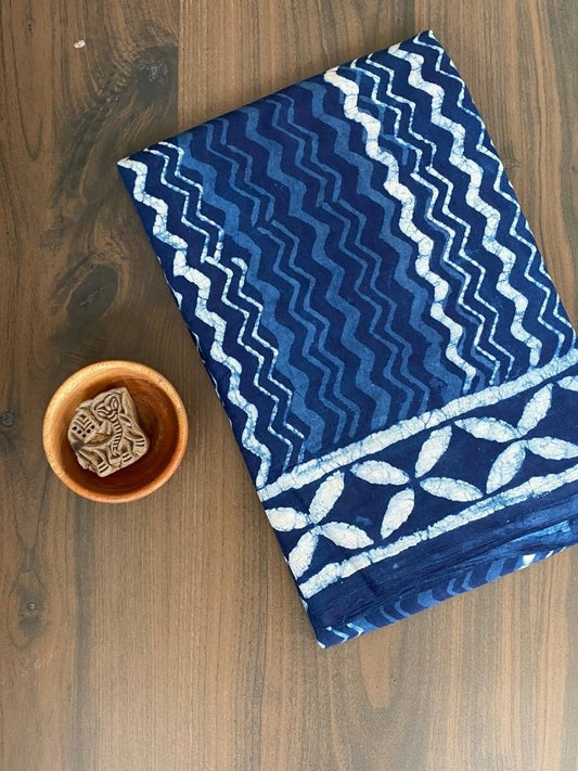 2 Kaam Lehriya Jaal Indigo Base With Off Mud Dabu Lehriya With Off White Chartune Boder Hand Block Print