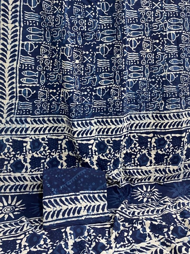 2 Kaam Kalamkari Kids Jaal Mud Dabu Base With Indigo Kids Jaal With 2 Kaam Bander Border Hand Block Print