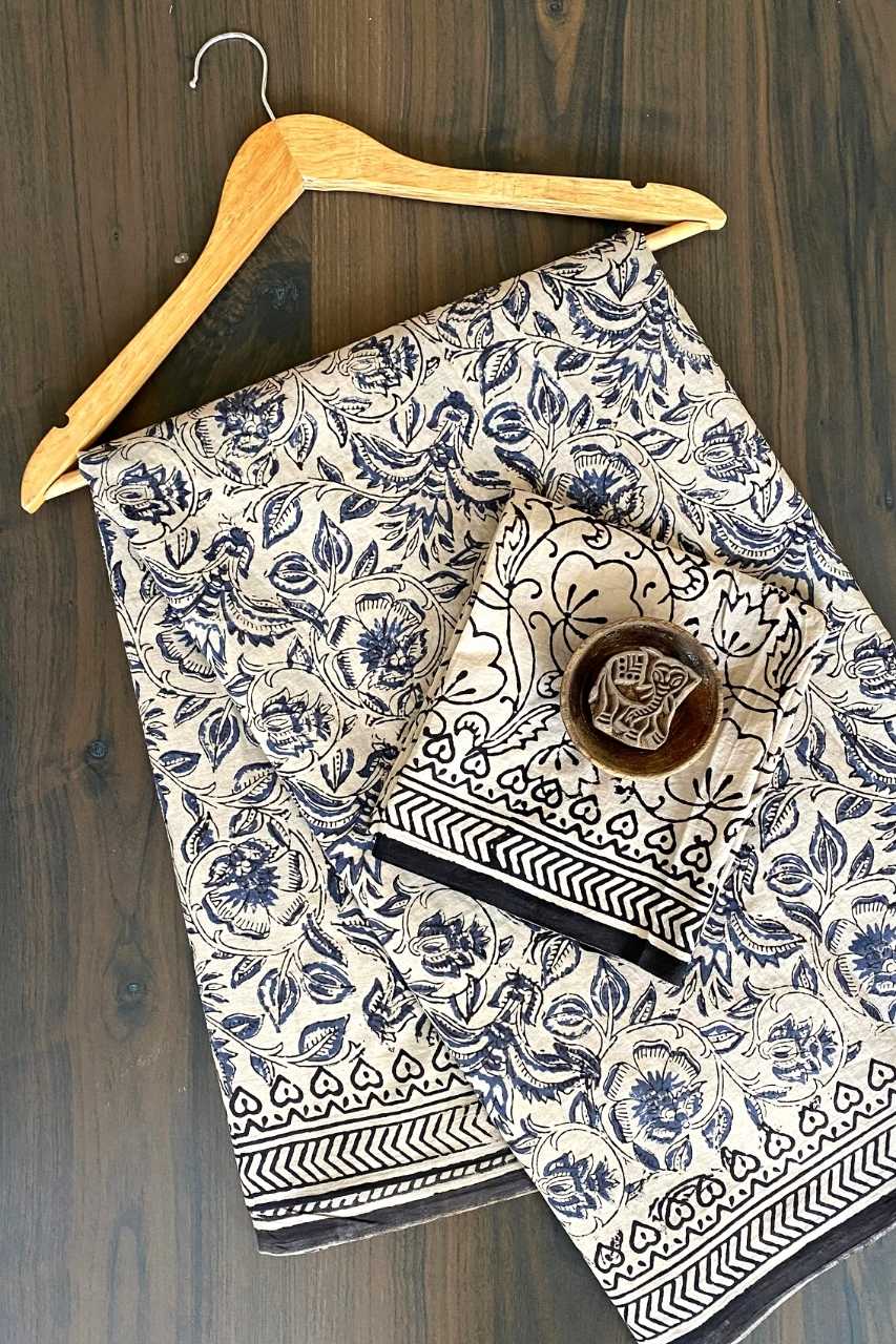 Kalamkari Floral Mughal Flower Jaal Base White With Off Blue Flower With Danush Tir Black Border Hand Block Print Saree