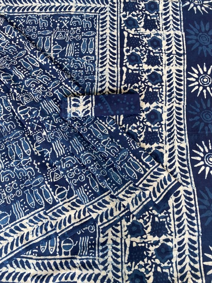 2 Kaam Kalamkari Kids Jaal Mud Dabu Base With Indigo Kids Jaal With 2 Kaam Bander Border Hand Block Print