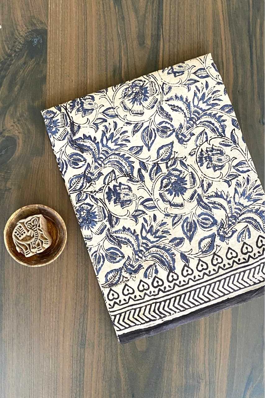 Kalamkari Floral Mughal Flower Jaal Base White With Off Blue Flower With Danush Tir Black Border Hand Block Print Saree