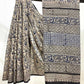 Kalamkari Floral Mughal Flower Jaal Base White With Off Blue Flower With Danush Tir Black Border Hand Block Print Saree