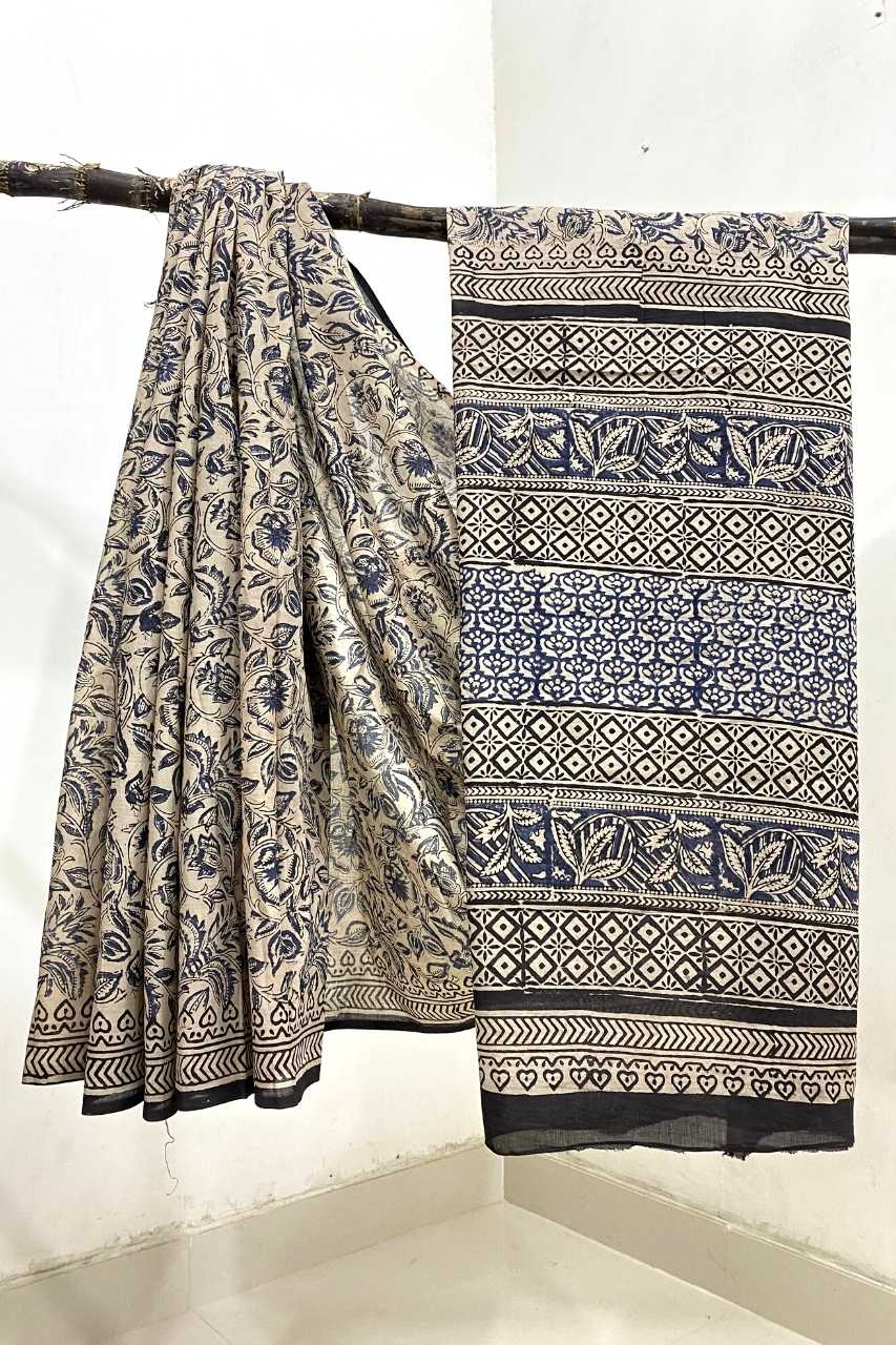 Kalamkari Floral Mughal Flower Jaal Base White With Off Blue Flower With Danush Tir Black Border Hand Block Print Saree