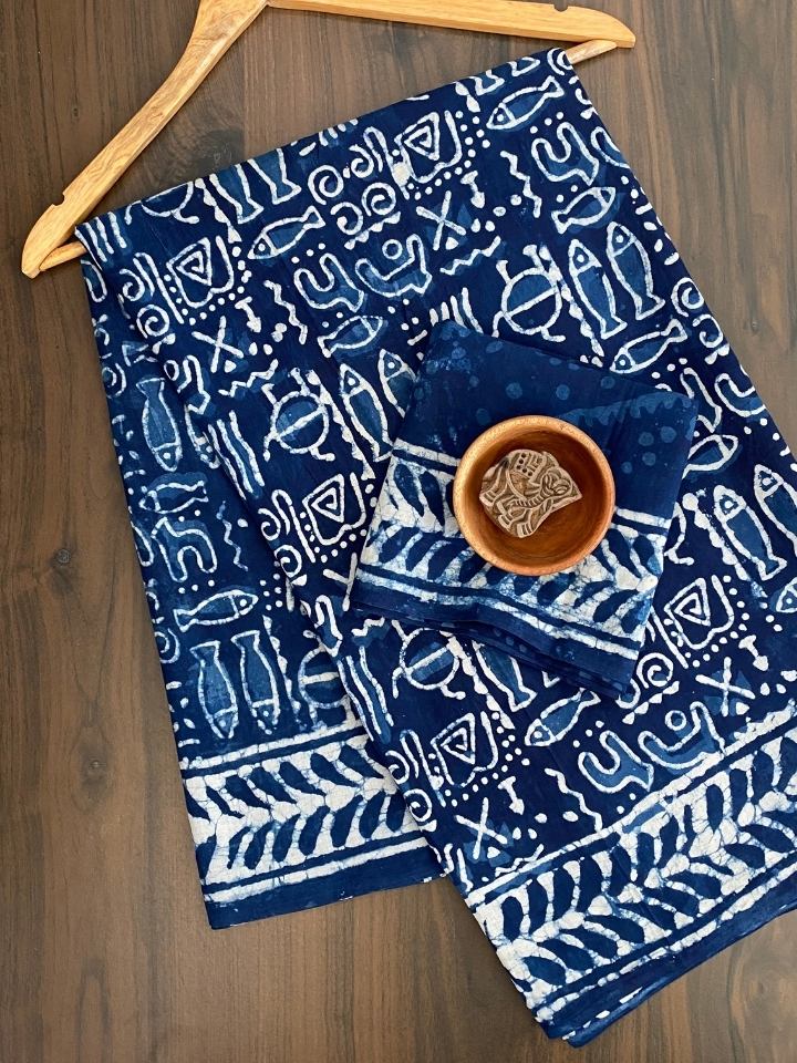 2 Kaam Kalamkari Kids Jaal Mud Dabu Base With Indigo Kids Jaal With 2 Kaam Bander Border Hand Block Print