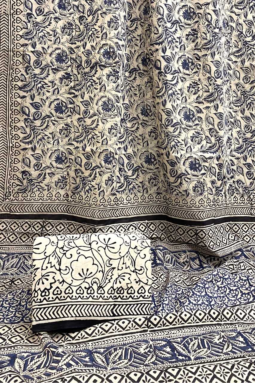 Kalamkari Floral Mughal Flower Jaal Base White With Off Blue Flower With Danush Tir Black Border Hand Block Print Saree