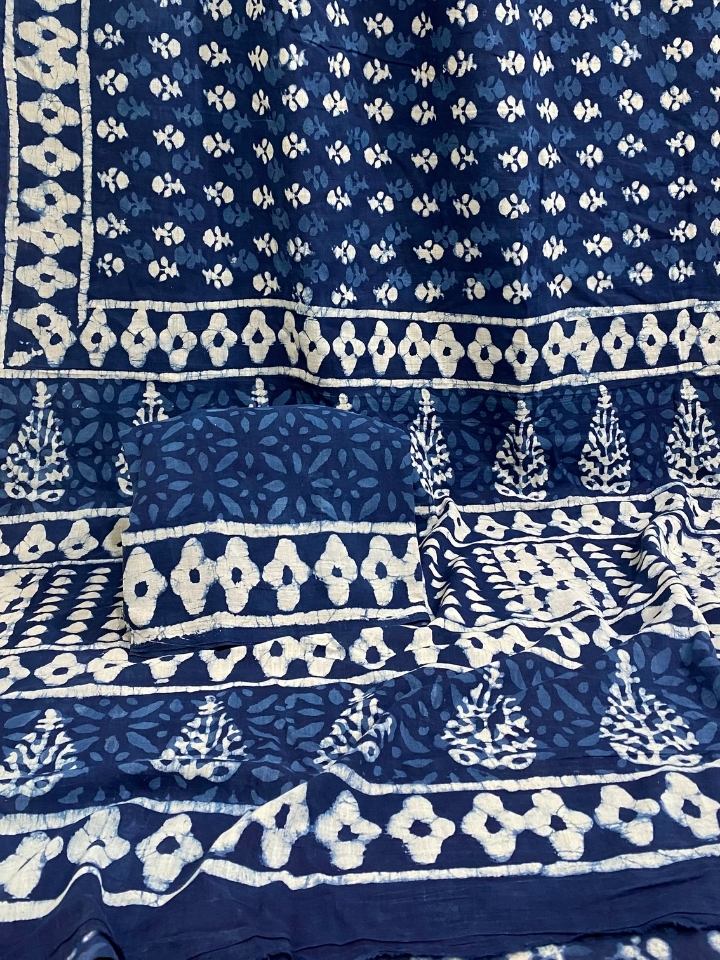 Choti Butti 3 Kaam Indigo Base With Off White Mud Dabu Butti With Single Katli Border Hand Block Print