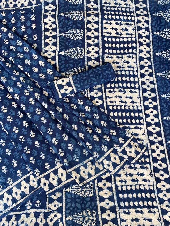 Choti Butti 3 Kaam Indigo Base With Off White Mud Dabu Butti With Single Katli Border Hand Block Print