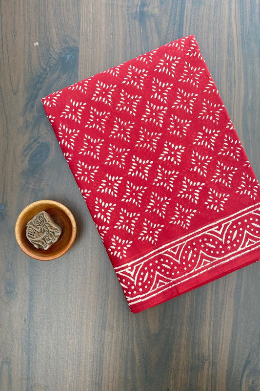 Sitara Mud Dabu Red Base With Off  White Color Hand Block Print Saree