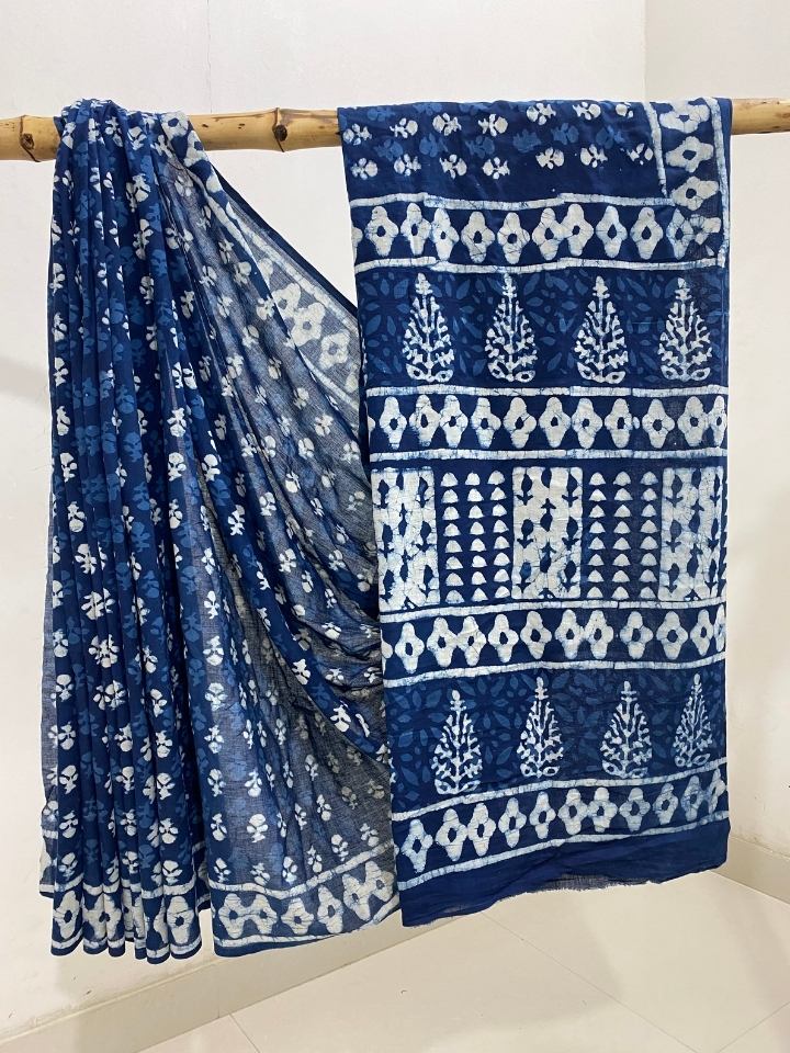 Choti Butti 3 Kaam Indigo Base With Off White Mud Dabu Butti With Single Katli Border Hand Block Print