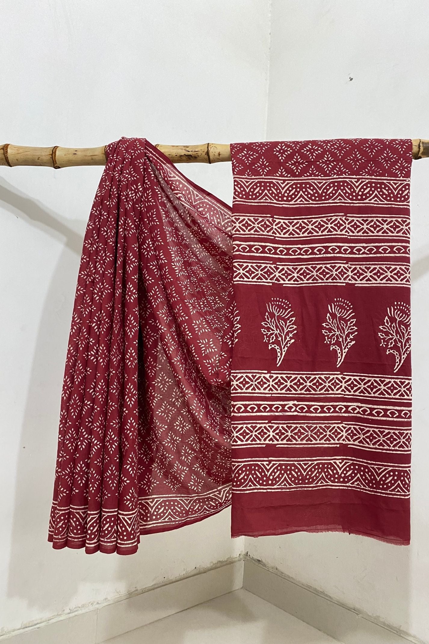 Sitara Mud Dabu Red Base With Off  White Color Hand Block Print Saree