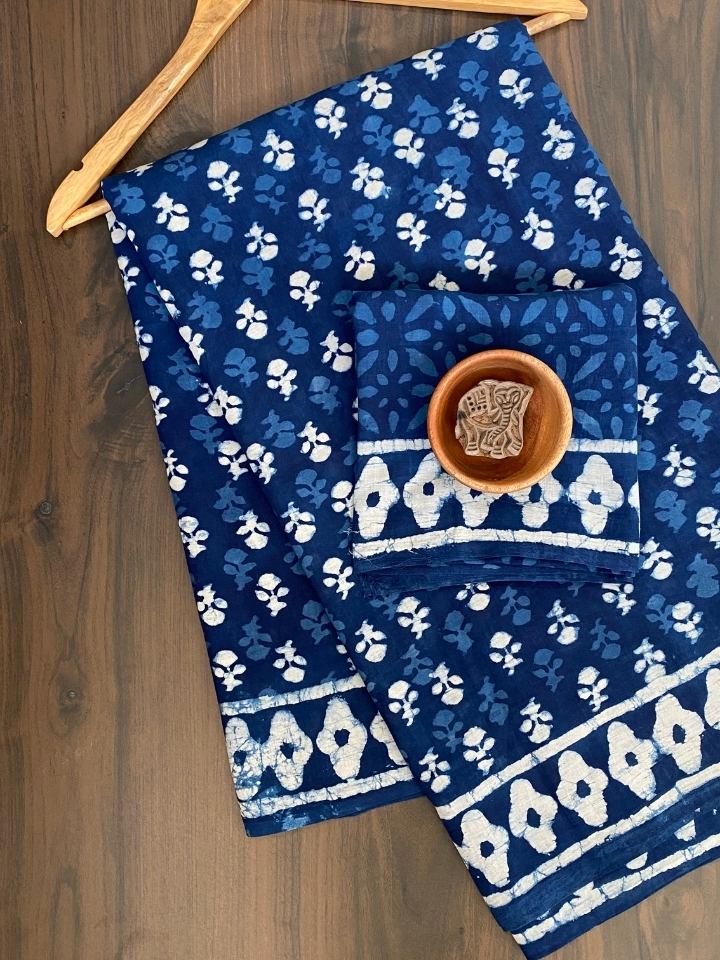 Choti Butti 3 Kaam Indigo Base With Off White Mud Dabu Butti With Single Katli Border Hand Block Print