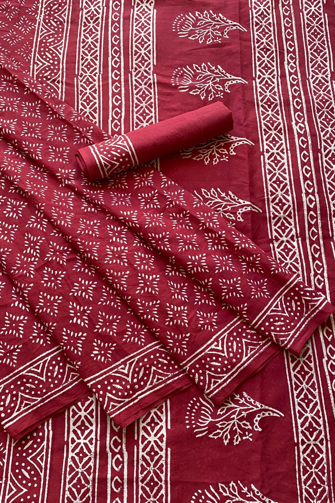 Sitara Mud Dabu Red Base With Off  White Color Hand Block Print Saree