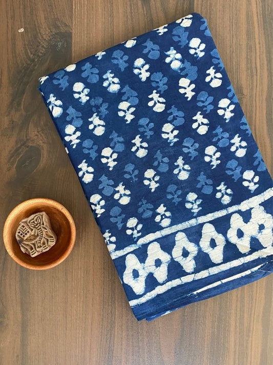 Choti Butti 3 Kaam Indigo Base With Off White Mud Dabu Butti With Single Katli Border Hand Block Print