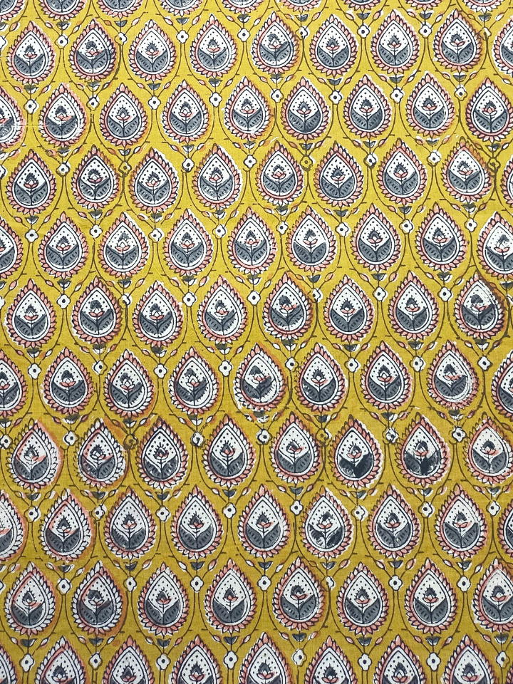 Bagru Kalamkari Grey And Yellow Small Butti Print