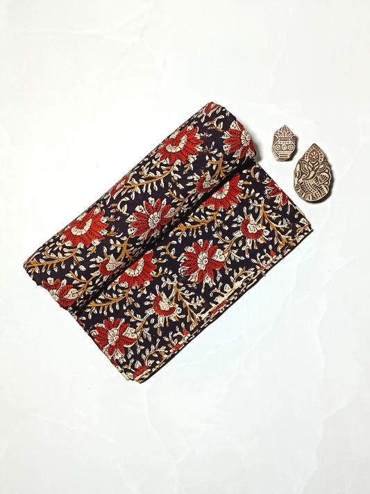 Kalamkari Flower Jaal Base Black Flower Red And Leave Off White Colour Block Print Fabric