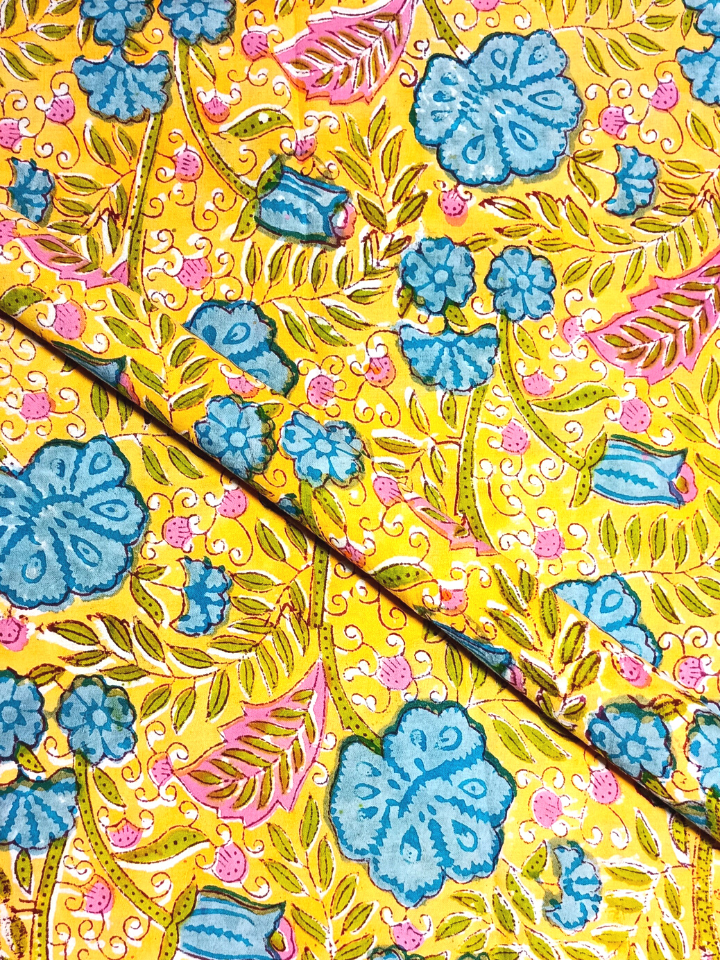 Rapid Yellow And Sky Blue Floral Kalamkari Jaal Print