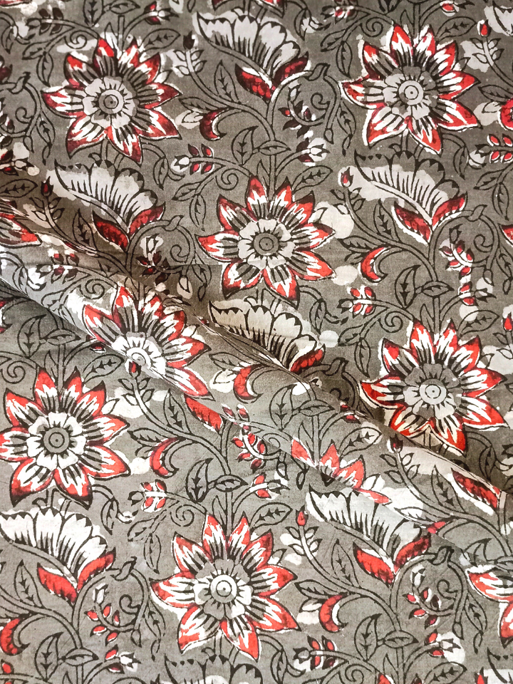 Jawtha Red Flower Jaal Kalamkari With Brown Leaves Print