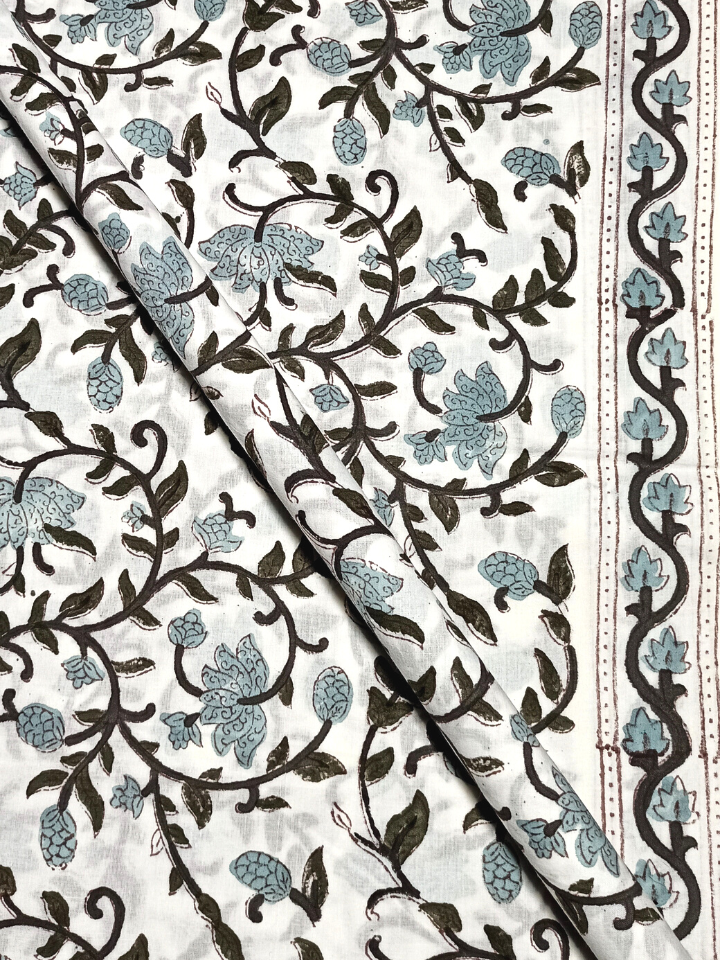 Mughal Aqua Sky And Brown Floral Kalamkari Jaal Print