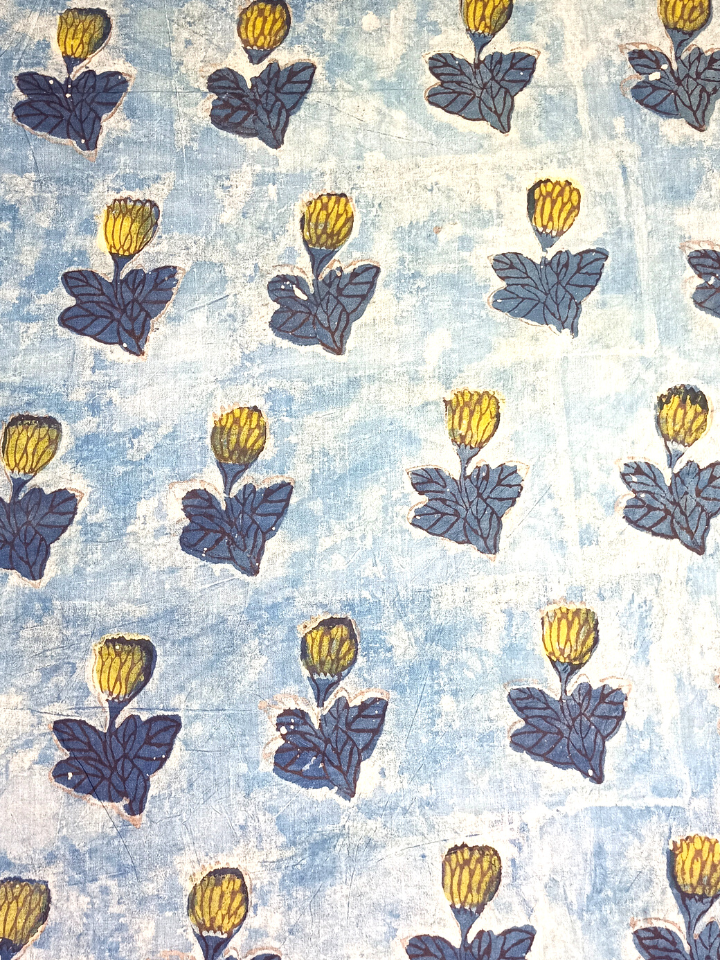 Ajrak  Single Indigo Butta With Yellow Leaves Print