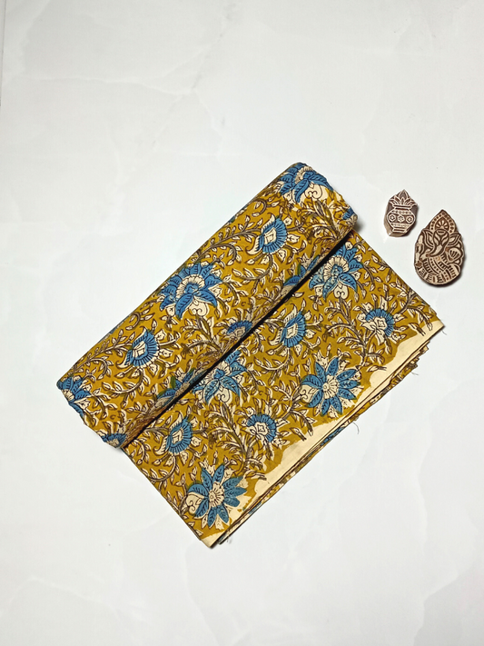 Flower Jaal Bagru Kalamkari Base Yellow , Flower Blue And Leave Off Yellow Colour Hand Block Print Fabric