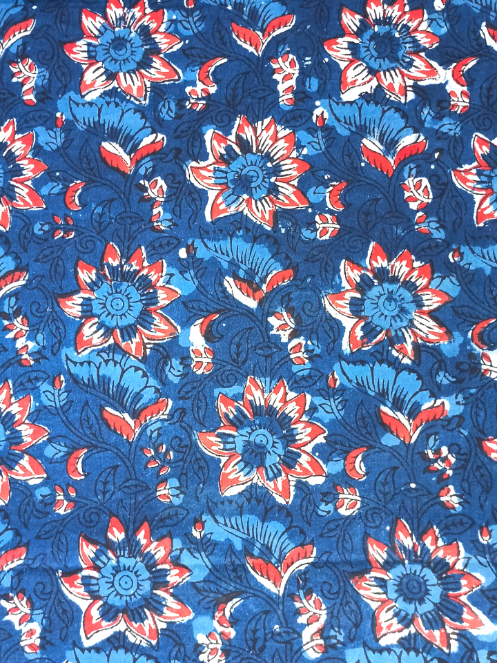 Jawtha Kalamkari Red Flower With Indigo Base Floral Jaal Print