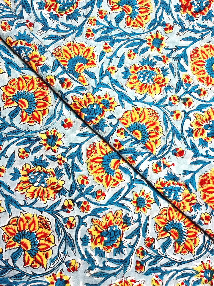 Rapid Sky Blue And Yellow Floral Kalamkari Jaal Print