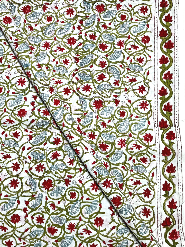 Mughal Red And Aqua Green Kalalmkari Floral Jaal Print