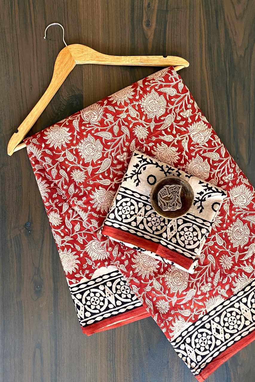 Kalamkari Floral Jaal Red Base With Off Cream Flower With Black Sakpara Border Hand Block Print Saree