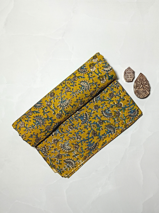 Bagru Floral Kalamkari Jaal 3 Kaam Base Yellow With Flower Grey Leave Off White Blue Colour Block Print Fabric